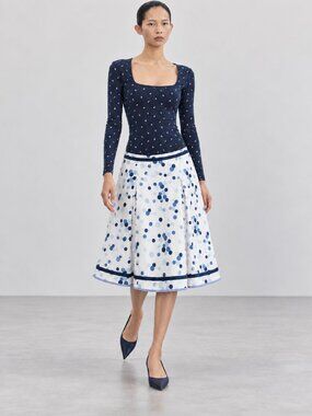 Polka Dot White & Blue Cotton Flared Pleated Skirt Brunch